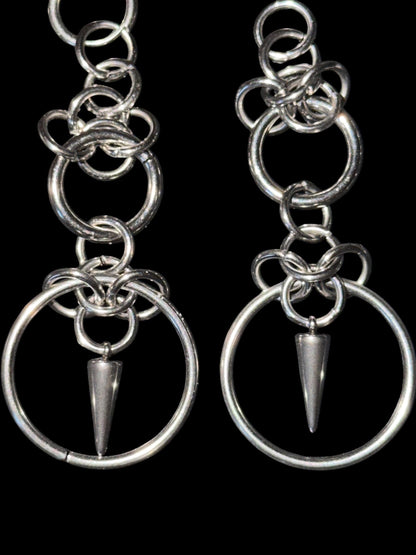 Stainless Steel Spike Earrings – Chainmail O-Ring Drop Earrings, Industrial Gothic Punk Jewellery