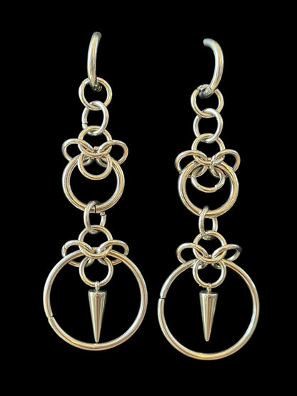 Stainless Steel Spike Earrings – Chainmail O-Ring Drop Earrings, Industrial Gothic Punk Jewellery