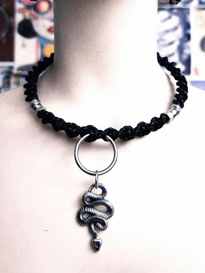 Handmade Macrame Snake Choker Necklace & Hoop Earrings Set