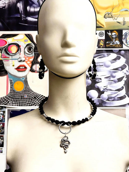 Handmade Macrame Snake Choker Necklace & Hoop Earrings Set