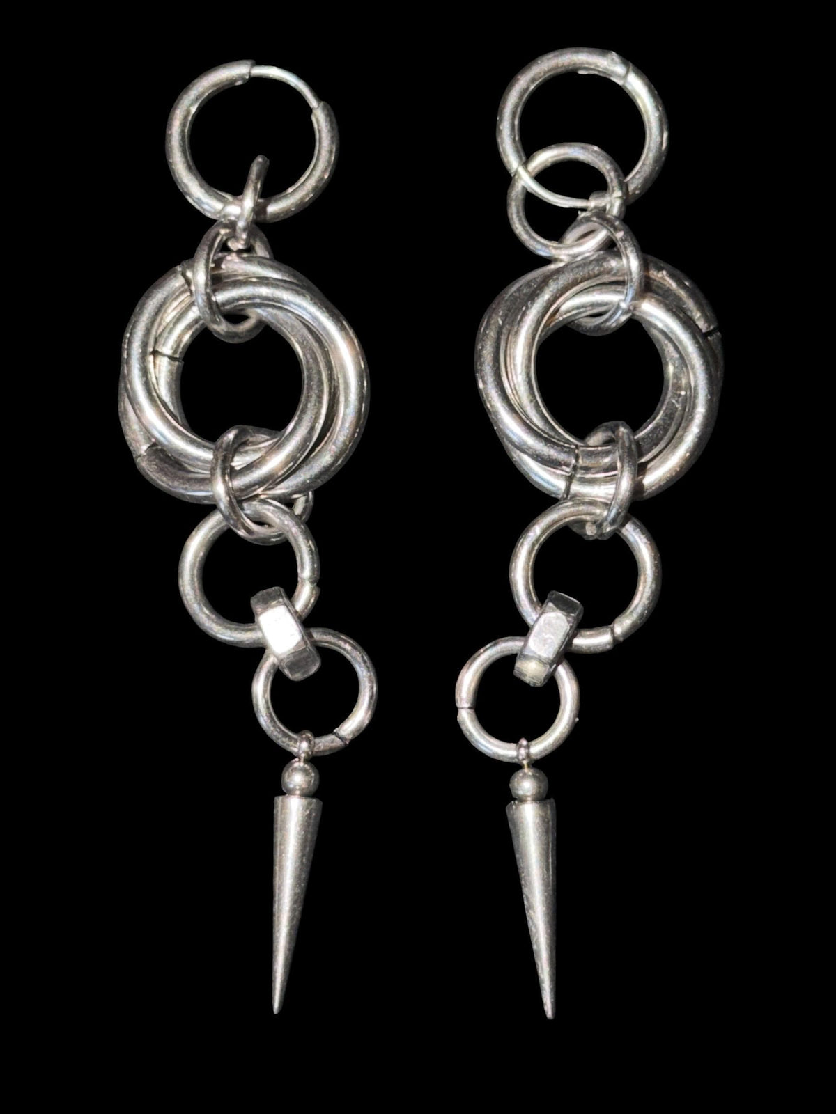 Industrial Spike Drop Earrings, Stainless Steel O-Rings, Gothic Punk Jewelry