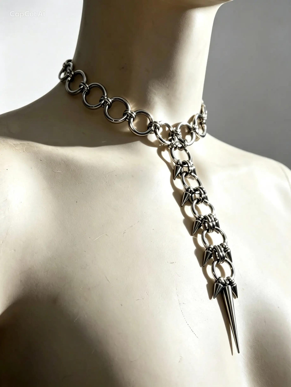 Spiked Spine Necklace, Stainless Steel O-Rings and Lariat Pendant, Gothic Punk Clubwear