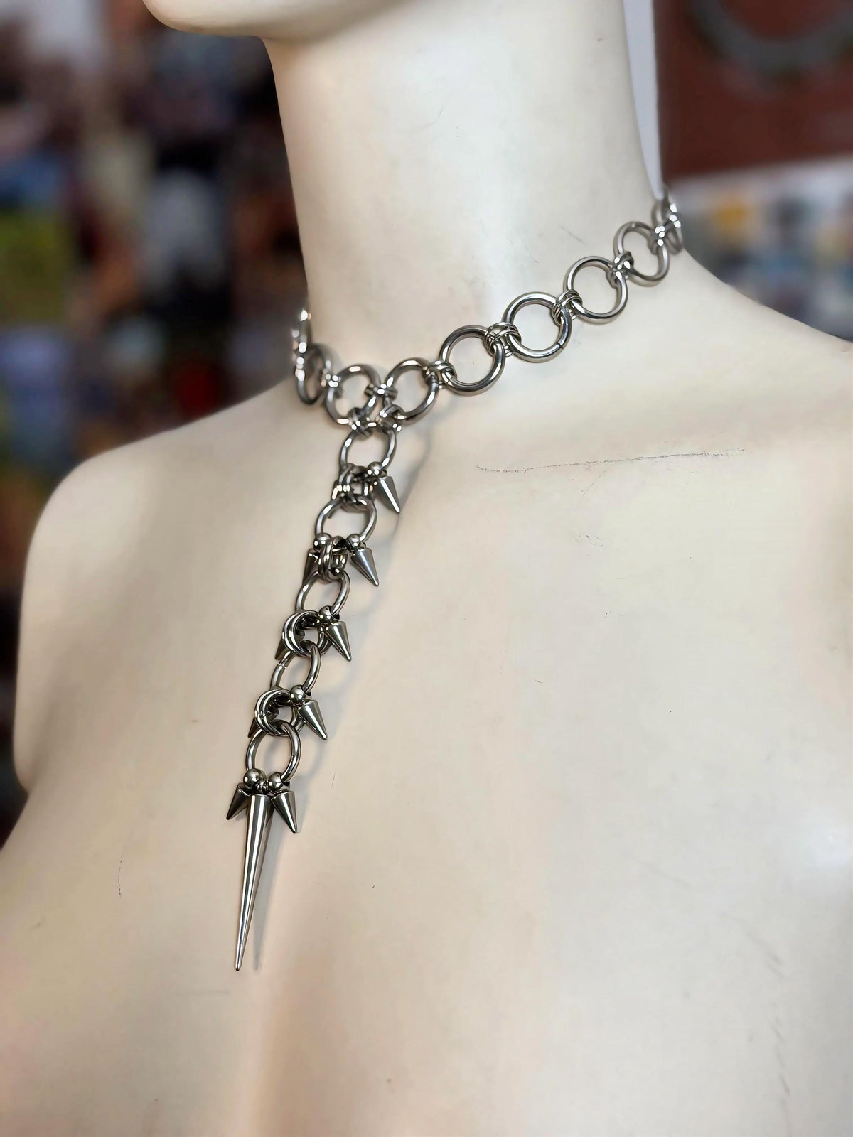 Spiked Spine Necklace, Stainless Steel O-Rings and Lariat Pendant, Gothic Punk Clubwear