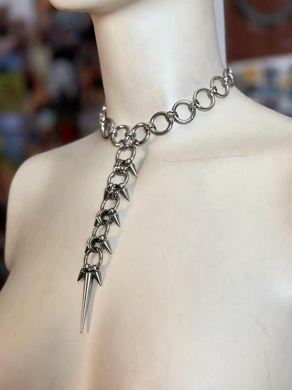 Spiked Spine Necklace, Stainless Steel O-Rings and Lariat Pendant, Gothic Punk Clubwear