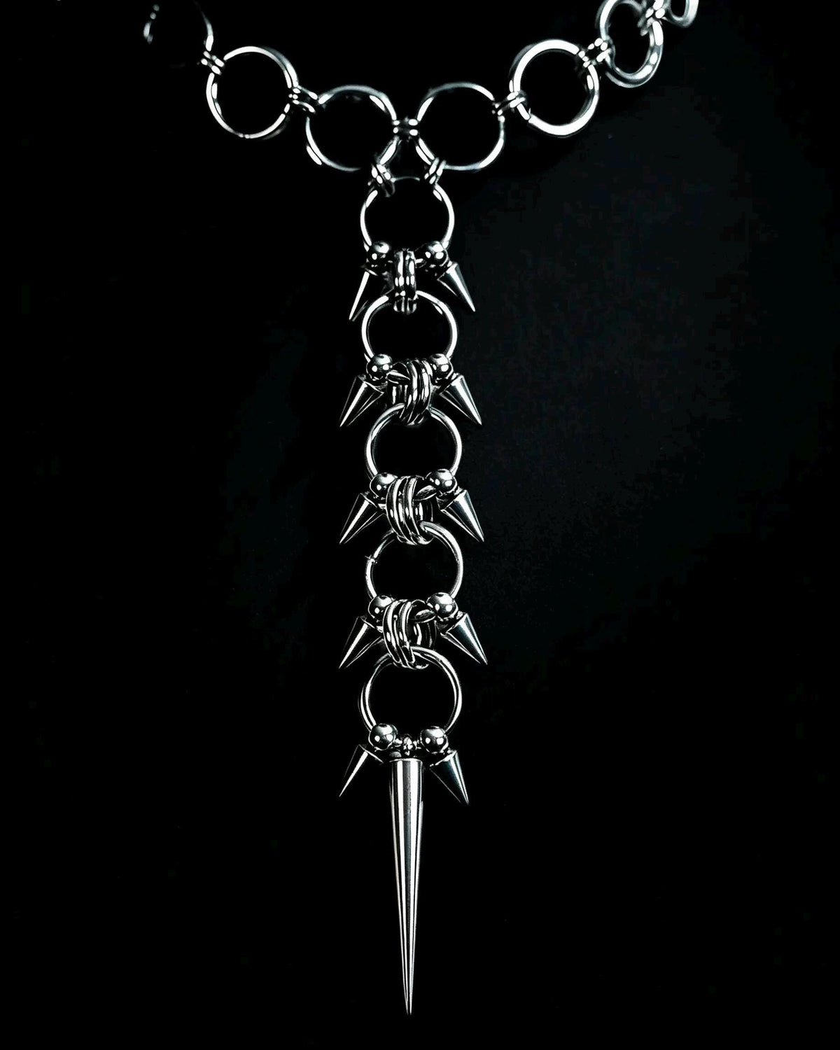 Spiked Spine Necklace, Stainless Steel O-Rings and Lariat Pendant, Gothic Punk Clubwear