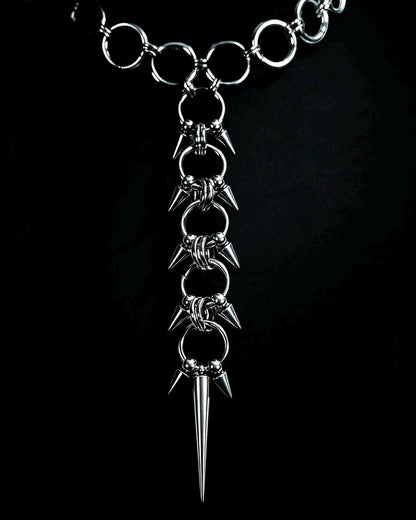 Spiked Spine Necklace, Stainless Steel O-Rings and Lariat Pendant, Gothic Punk Clubwear