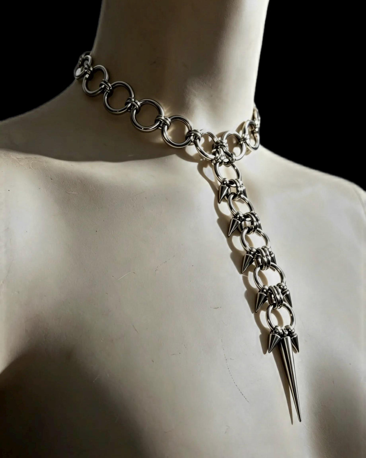 Spiked Spine Necklace, Stainless Steel O-Rings and Lariat Pendant, Gothic Punk Clubwear