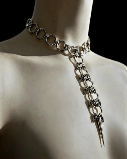 Spiked Spine Necklace, Stainless Steel O-Rings and Lariat Pendant, Gothic Punk Clubwear