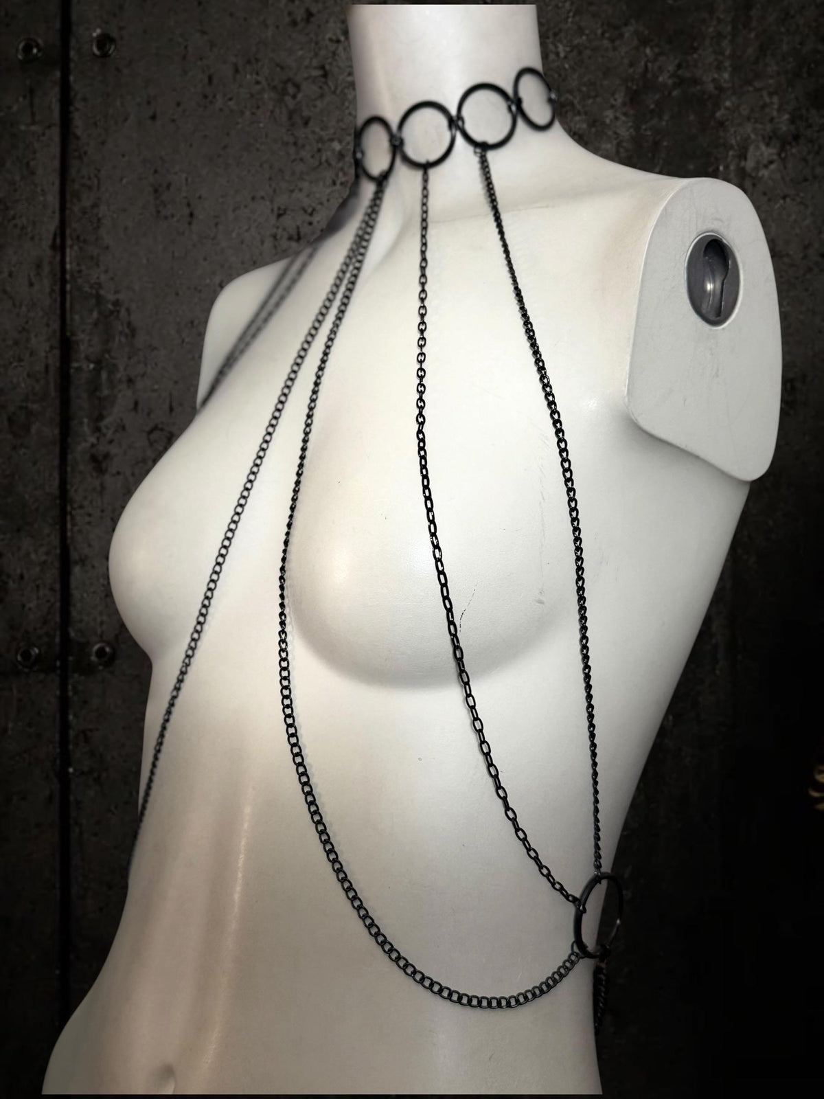 Black Body Chain Harness, Stainless Steel O Rings, Gothic Punk Techno Accessory