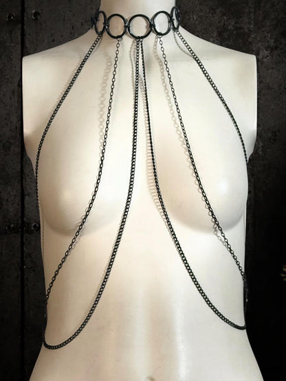 Black Body Chain Harness, Stainless Steel O Rings, Gothic Punk Techno Accessory