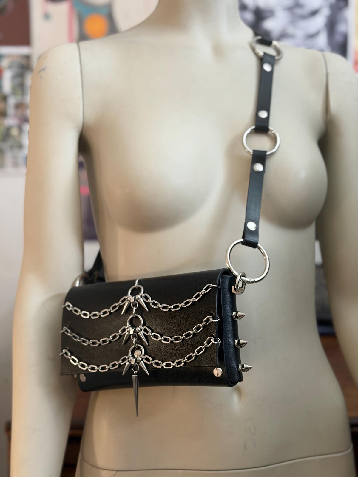Spiked Leather Crossbody Bag, Italian Vegetable Tanned Hide, Stainless Steel Hardware