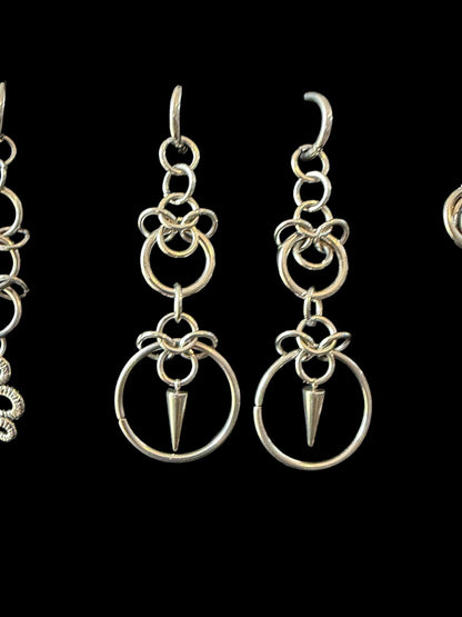 Stainless Steel Spike Earrings – Chainmail O-Ring Drop Earrings, Industrial Gothic Punk Jewellery