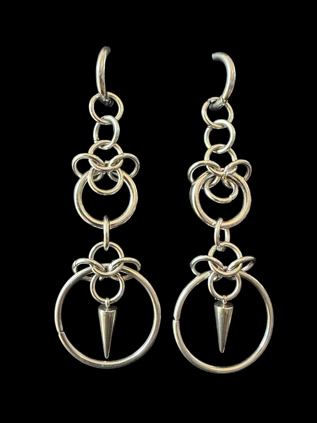 Stainless Steel Spike Earrings – Chainmail O-Ring Drop Earrings, Industrial Gothic Punk Jewellery