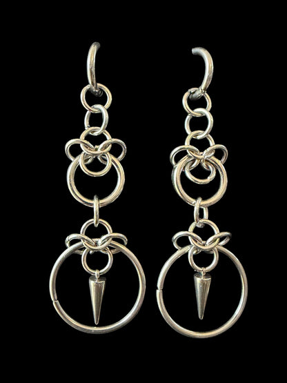 Stainless Steel Spike Earrings – Chainmail O-Ring Drop Earrings, Industrial Gothic Punk Jewellery