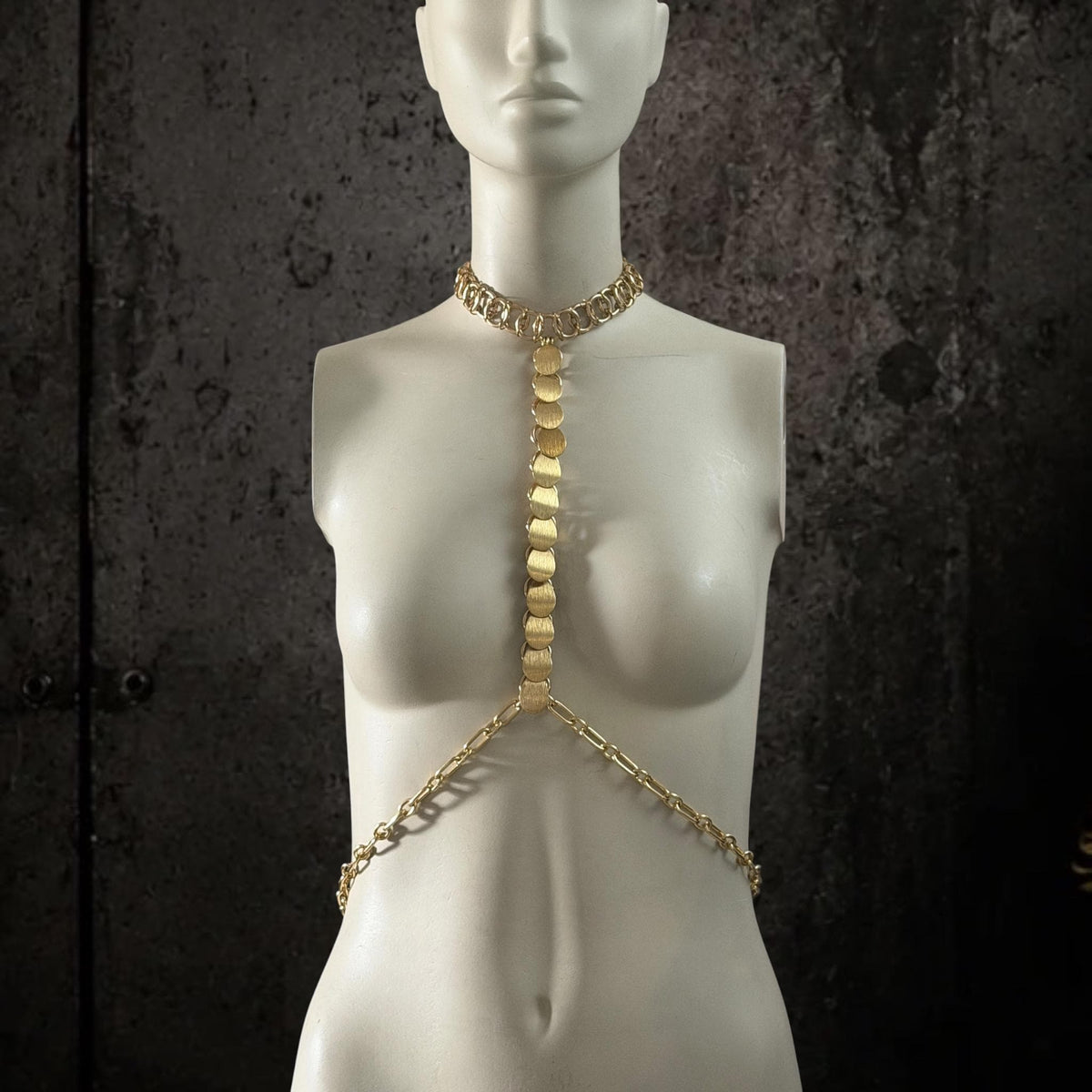 Gold Body Chain Harness, Brass and Stainless Steel Armor Jewelry, Alternative Fashion