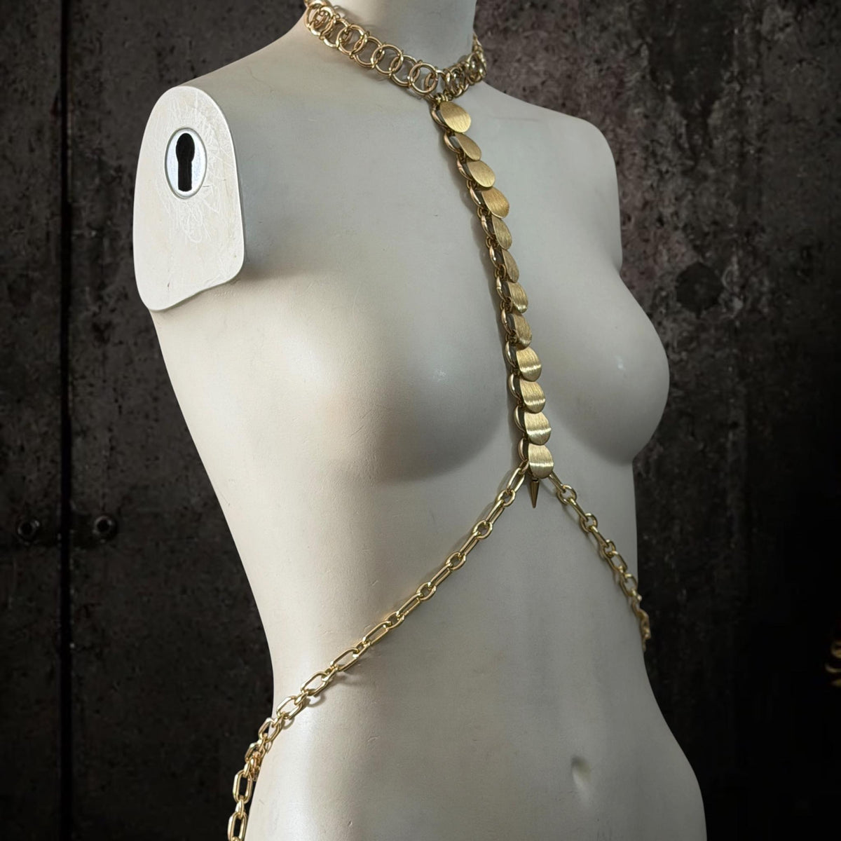Gold Body Chain Harness, Brass and Stainless Steel Armor Jewelry, Alternative Fashion