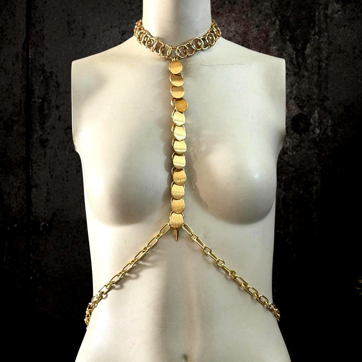 Gold Body Chain Harness, Brass and Stainless Steel Armor Jewelry, Alternative Fashion