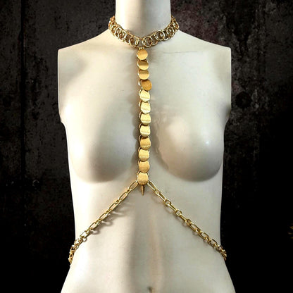 Gold Body Chain Harness, Brass and Stainless Steel Armor Jewelry, Alternative Fashion