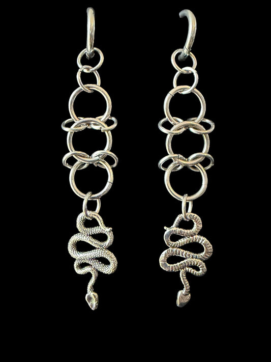 Snake Drop Earrings, Stainless Steel Serpent Charms, Gothic Alternative Style
