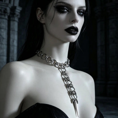 Spiked Spine Necklace, Stainless Steel O-Rings and Lariat Pendant, Gothic Punk Clubwear