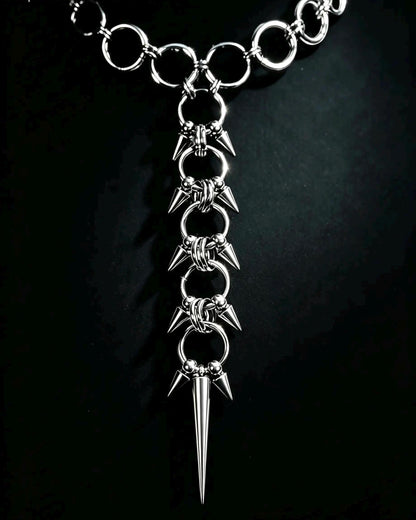 Spiked Spine Necklace, Stainless Steel O-Rings and Lariat Pendant, Gothic Punk Clubwear