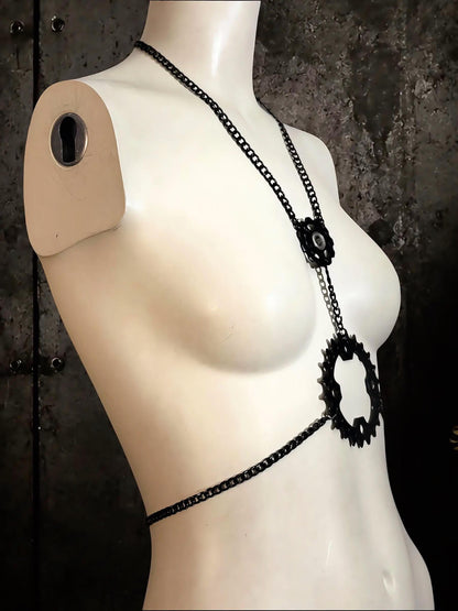 Spine Harness, Black Mechanical Gears for Cyberpunk Style, Stainless Steel Body Jewellery