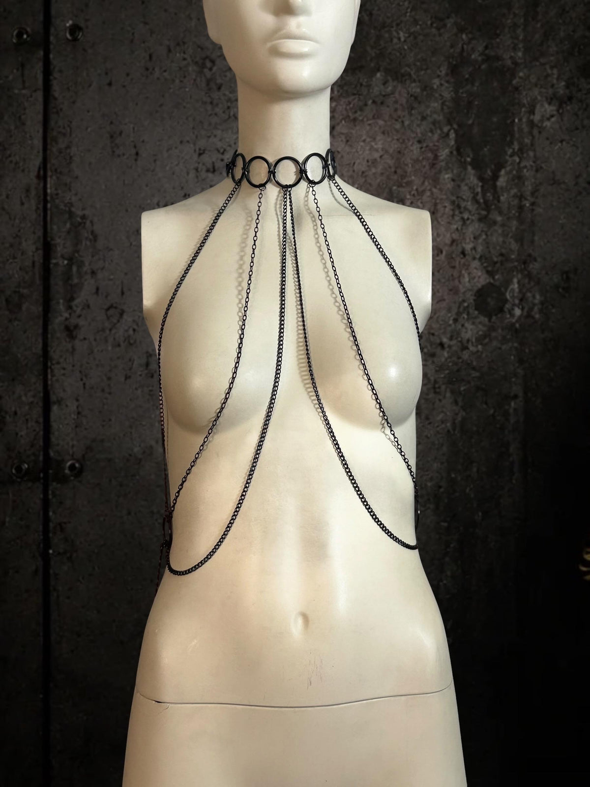 Black Body Chain Harness, Stainless Steel O Rings, Gothic Punk Techno Accessory
