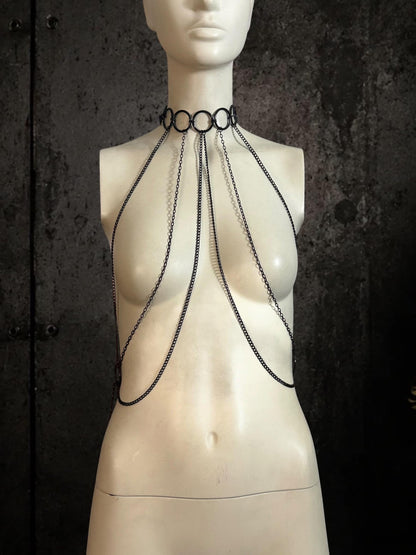 Black Body Chain Harness, Stainless Steel O Rings, Gothic Punk Techno Accessory