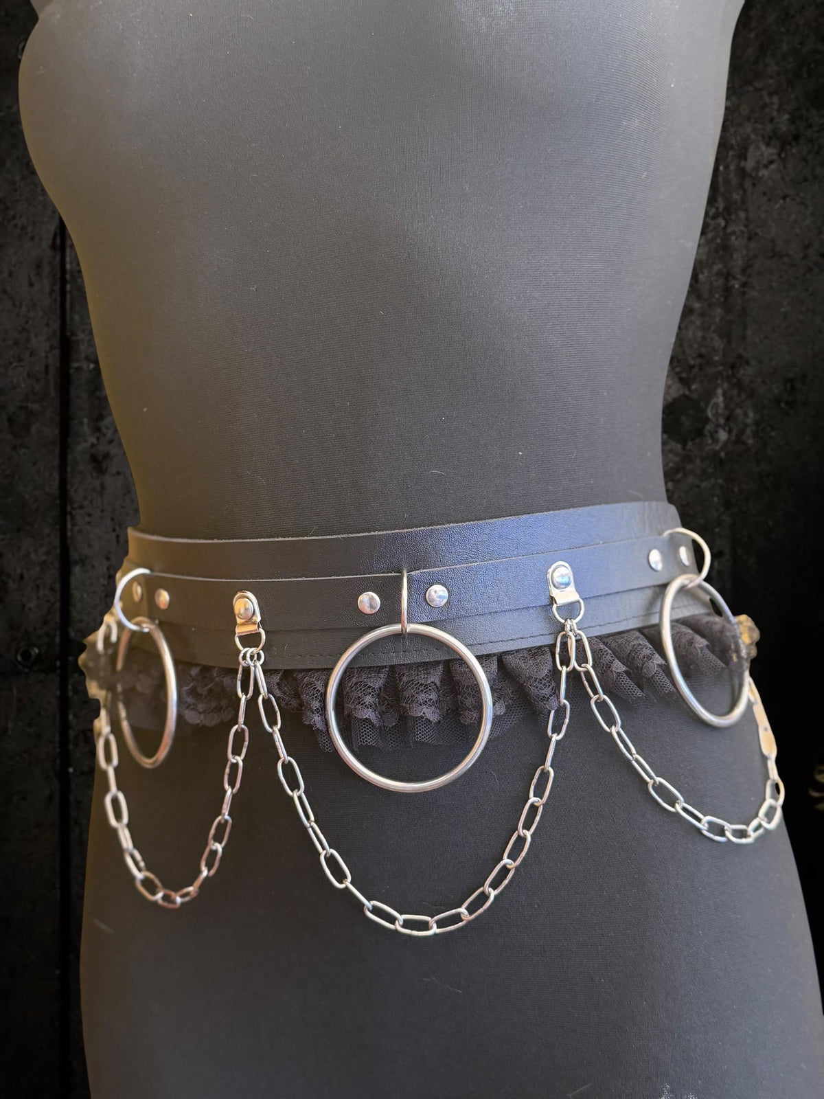 Gothic O-Ring Chain Belt, Faux Leather Lace Industrial Festival Accessory