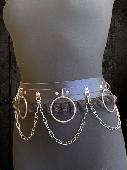 Gothic O-Ring Chain Belt, Faux Leather Lace Industrial Festival Accessory