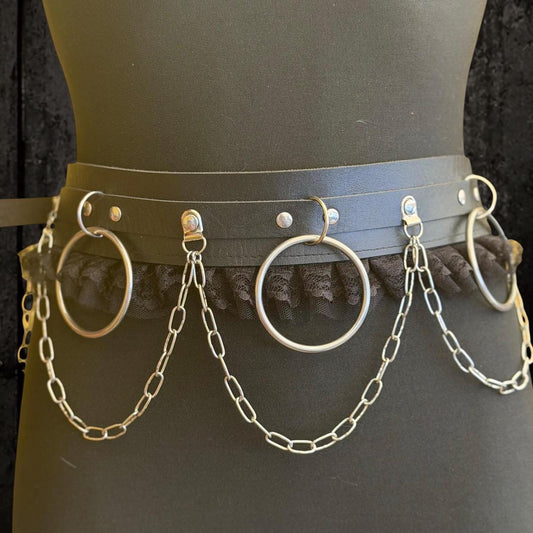 Gothic O-Ring Chain Belt, Faux Leather Lace Industrial Festival Accessory