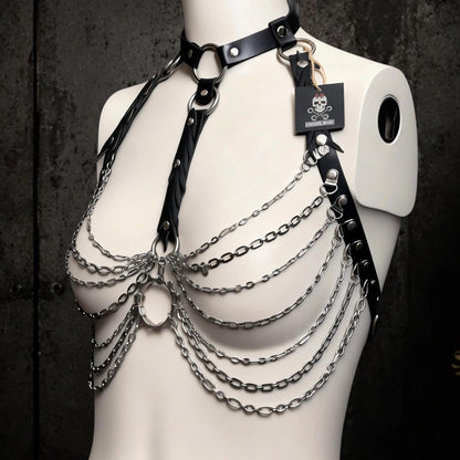 Gothic chain body harness, Reclaimed Rubber and Stainless Steel, Industrial Rave Outfit