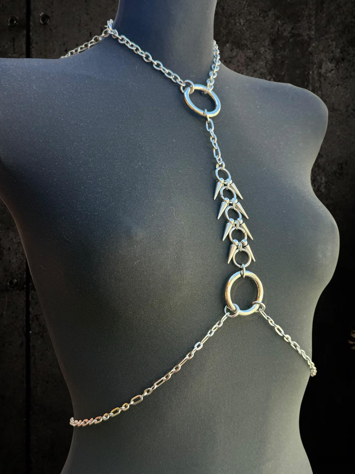 Gold or Silver Spine Body Chain, Stainless Steel Chest Harness Spiked Harness