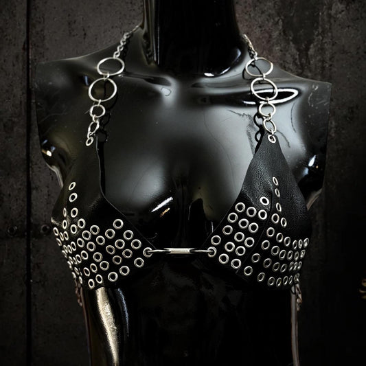 Forged Eye Goat Leather Bikini Top, Festival O-Ring Chain Harness