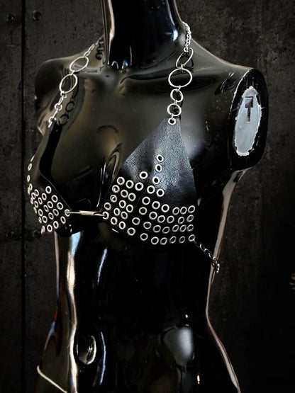 Forged Eye Goat Leather Bikini Top, Festival O-Ring Chain Harness