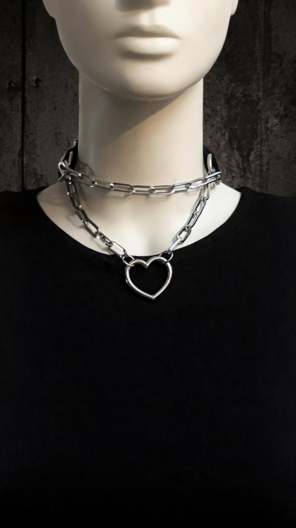 Leather Heart Choker Necklace, Gothic Jewelry with Stainless Steel Chain, Alternative Festival Wear