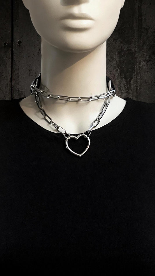 Leather Heart Choker Necklace, Gothic Jewelry with Stainless Steel Chain, Alternative Festival Wear