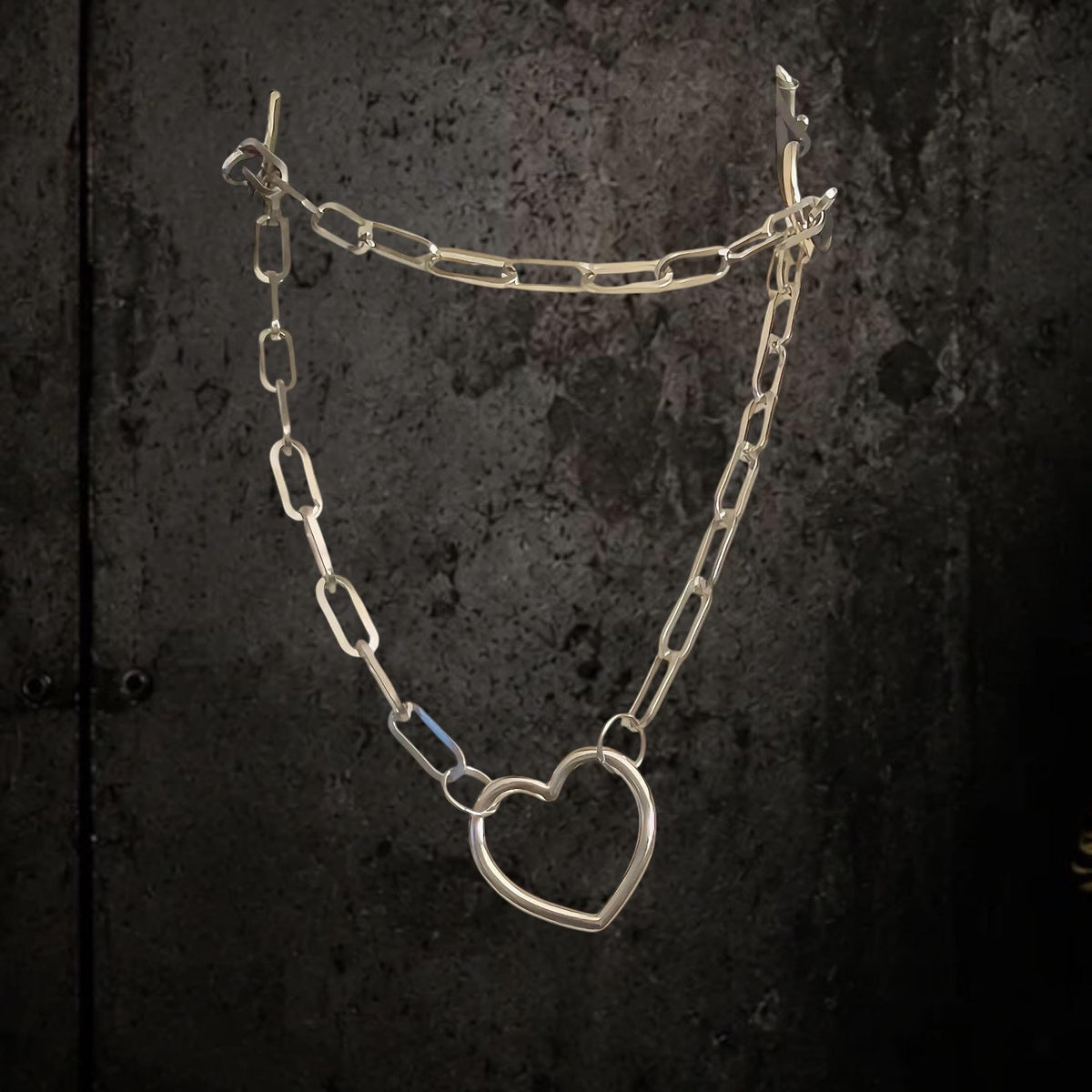 Leather Heart Choker Necklace, Gothic Jewelry with Stainless Steel Chain, Alternative Festival Wear