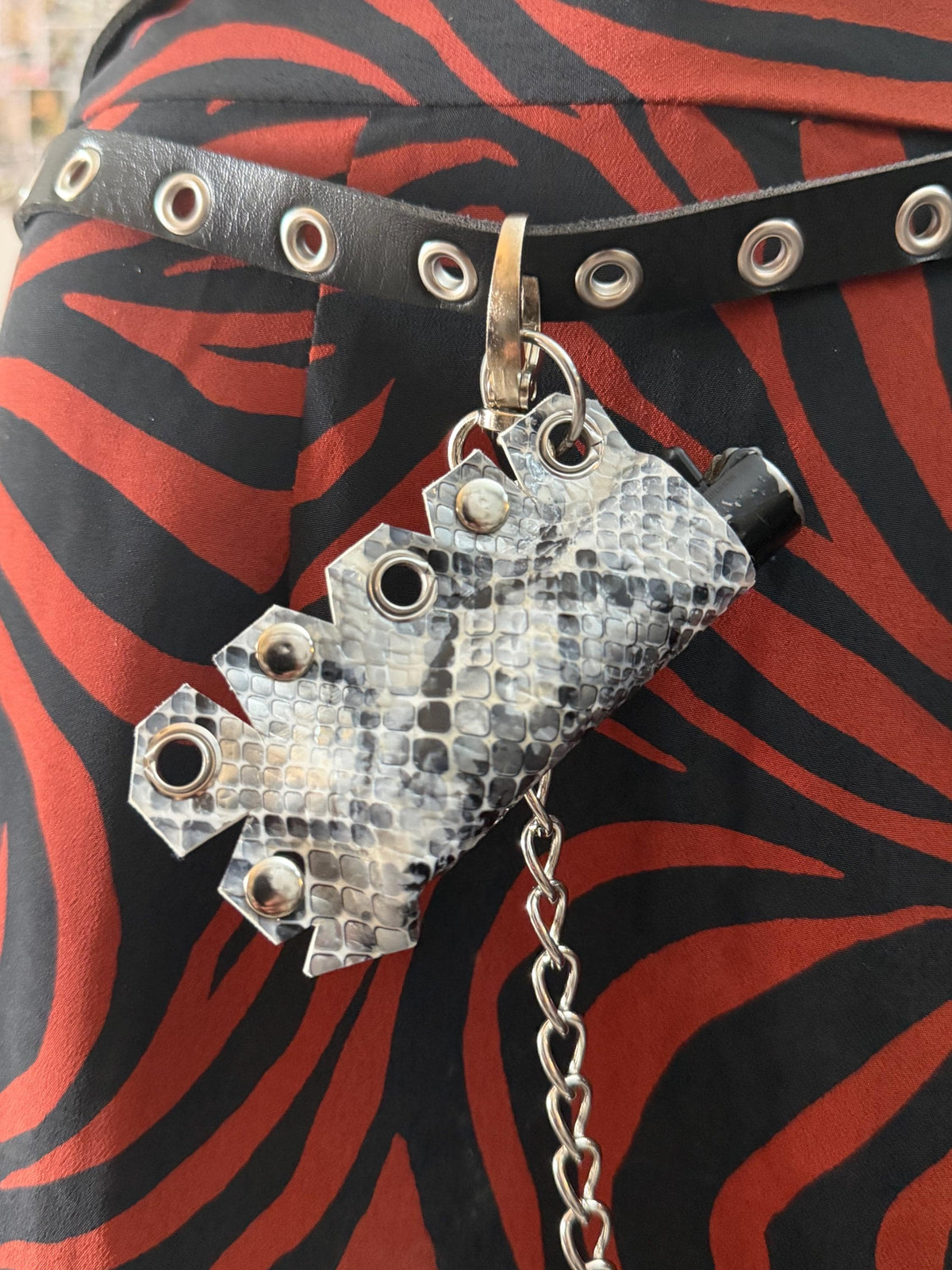 Vegan Leather Silver Snake Print Lighter Holder with Detachable Chains – Handmade Alternative Accessory