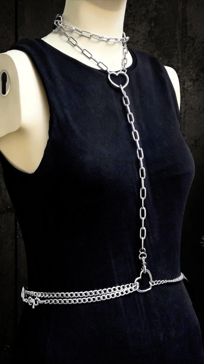 Leather Choker with Body Chain Set – Modular Stainless Steel Waist and Harness Chains, Heart or O-Ring Gothic Jewellery