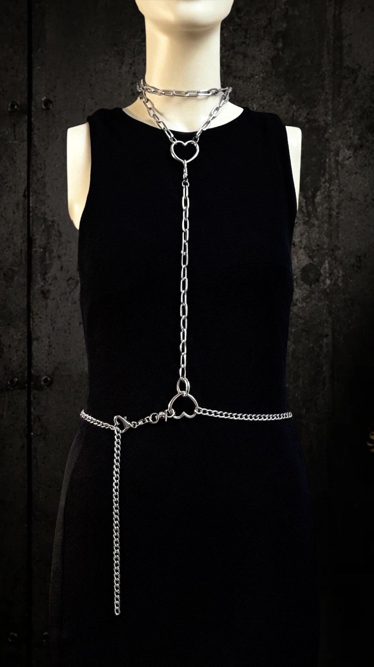 Leather Choker with Body Chain Set – Modular Stainless Steel Waist and Harness Chains, Heart or O-Ring Gothic Jewellery