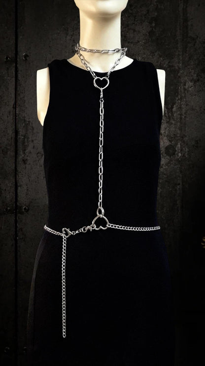 Leather Choker with Body Chain Set – Modular Stainless Steel Waist and Harness Chains, Heart or O-Ring Gothic Jewellery