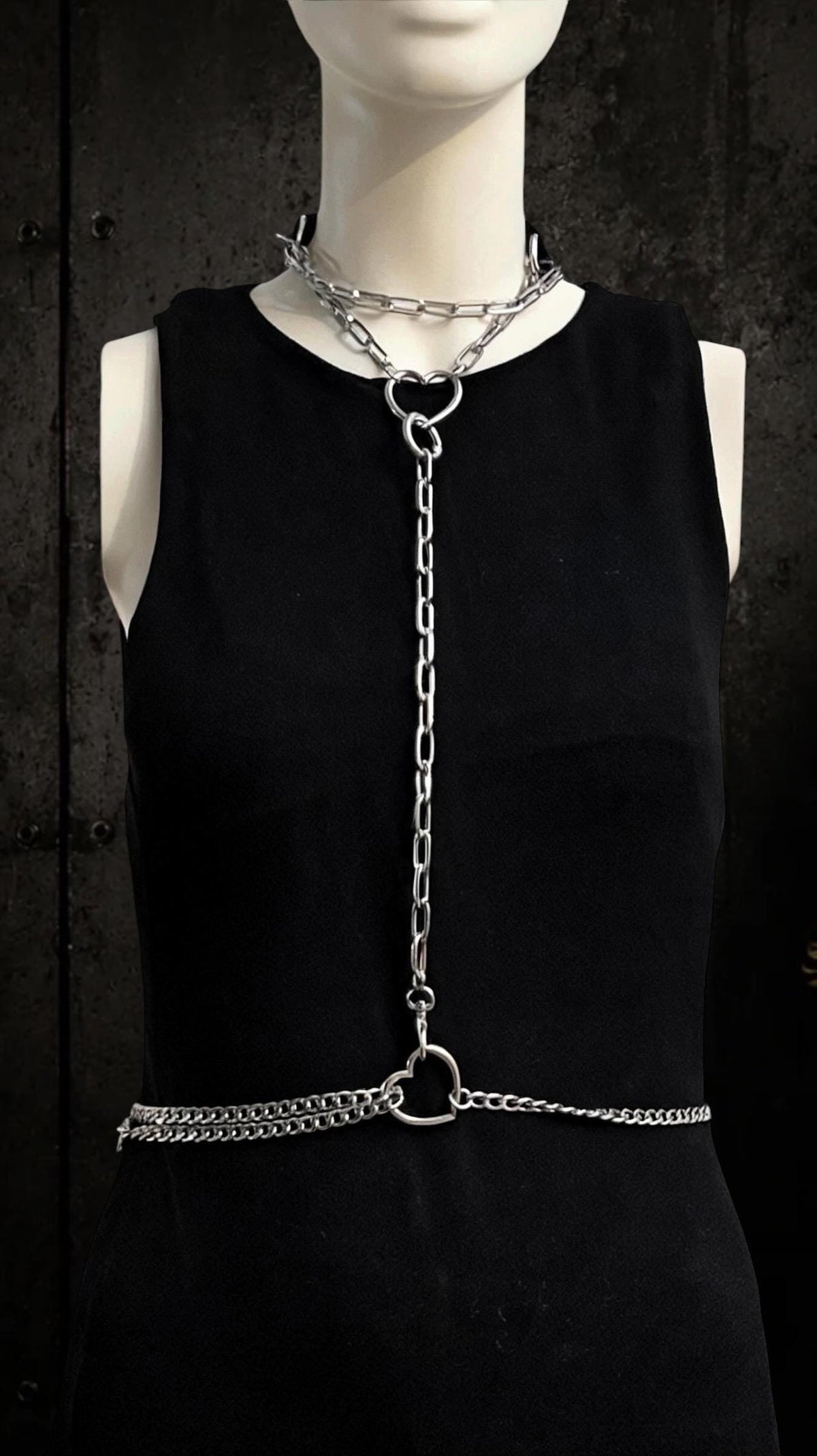 Leather Choker with Body Chain Set – Modular Stainless Steel Waist and Harness Chains, Heart or O-Ring Gothic Jewellery
