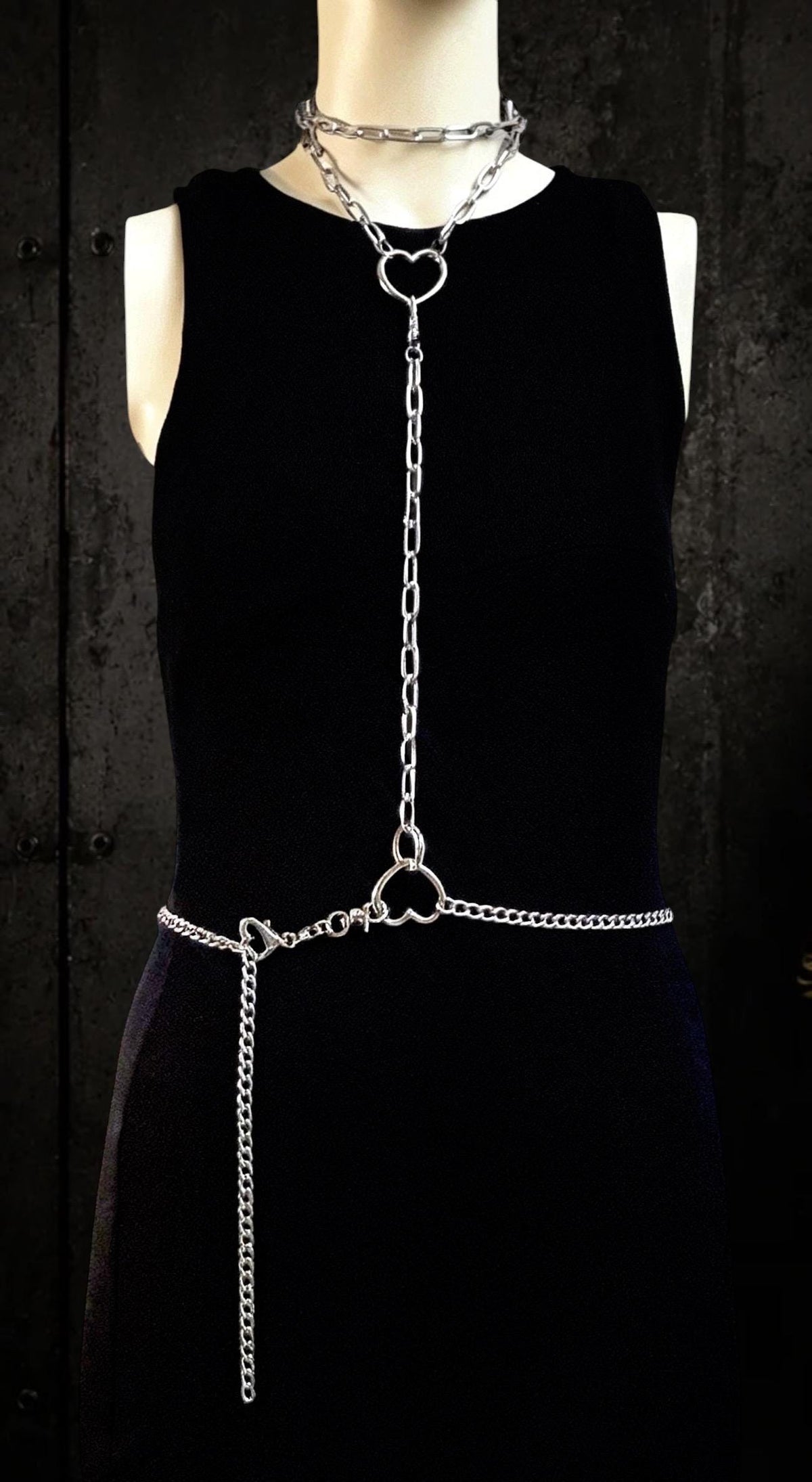 Leather Choker with Body Chain Set – Modular Stainless Steel Waist and Harness Chains, Heart or O-Ring Gothic Jewellery