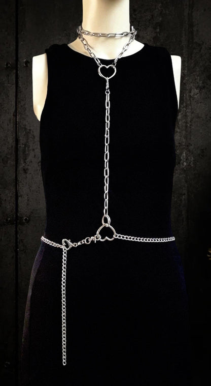 Leather Choker with Body Chain Set – Modular Stainless Steel Waist and Harness Chains, Heart or O-Ring Gothic Jewellery