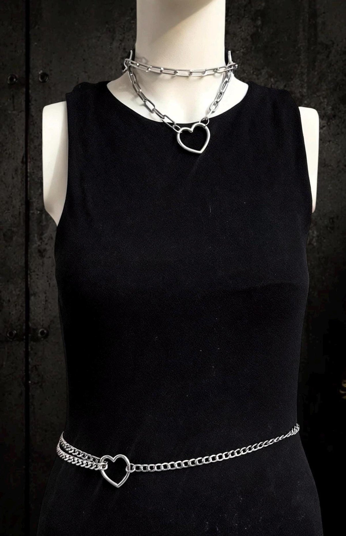 Leather Choker with Body Chain Set – Modular Stainless Steel Waist and Harness Chains, Heart or O-Ring Gothic Jewellery
