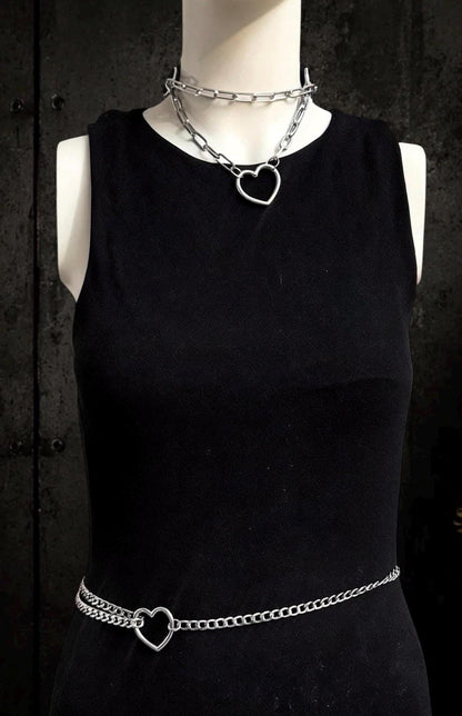 Leather Choker with Body Chain Set – Modular Stainless Steel Waist and Harness Chains, Heart or O-Ring Gothic Jewellery