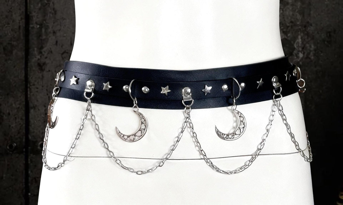 Moons & Chains Gothic Belt - Synthetic or Premium Genuine Leather - Stainless Steel Hardware and chains