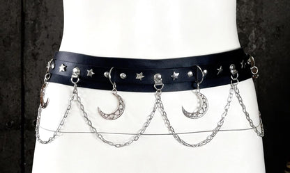 Moons & Chains Gothic Belt - Synthetic or Premium Genuine Leather - Stainless Steel Hardware and chains