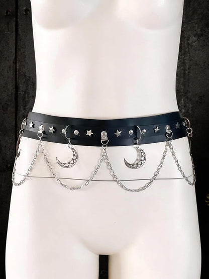 Moons & Chains Gothic Belt - Synthetic or Premium Genuine Leather - Stainless Steel Hardware and chains